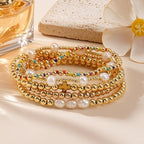 14K Gold Pearl Beaded Cross Bracelets Stack Set for Women,Stretch Boho Colorful Christian Beads Ball Jewelry Trendy Gift