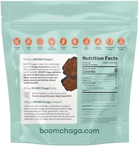 Mushroom Superdrink | Chaga Mushroom Extract Liquid Concentrate with Antioxidants for Immunity Boost, Beta-Glucans for Heart Health, Oxalate-Free, 31 Single-Serving Packets