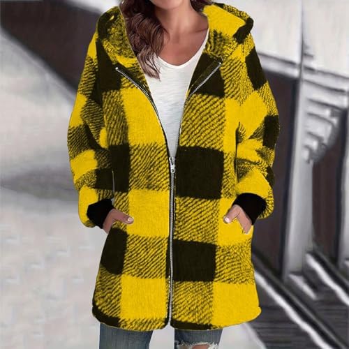 Womens Fleece Zip Up Jacket with Hood Sherpa Fuzzy Long Plaid Jackets Heavyweight Winter Cozy Loose Checkered Shacket