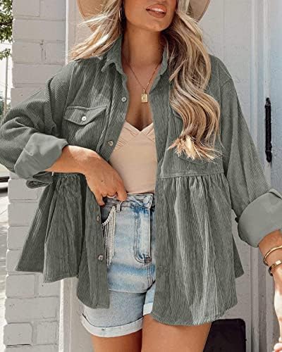 Womens Corduroy Peplum Shacket Jacket Long Sleeve Button Down Babydoll Shirts Oversized Casual Blouses Tops