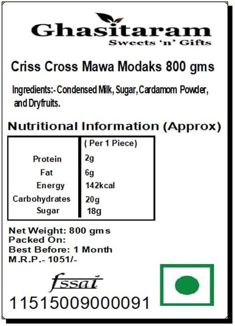 Ghasitaram Gifts Indian Sweets - Sweets Ganesha Chaturthi Gifts Modaks Criss Cross Mawa Modaks 800 GMS