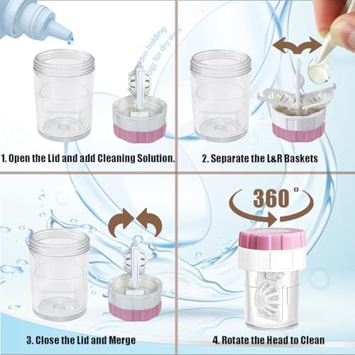 Contact Lens Case Kit with Cleaner Washer, Contact Lenses Applicator Removal Tool Kit with Mirror Solution Bottle for Daily and Outdoor Use(Pink)