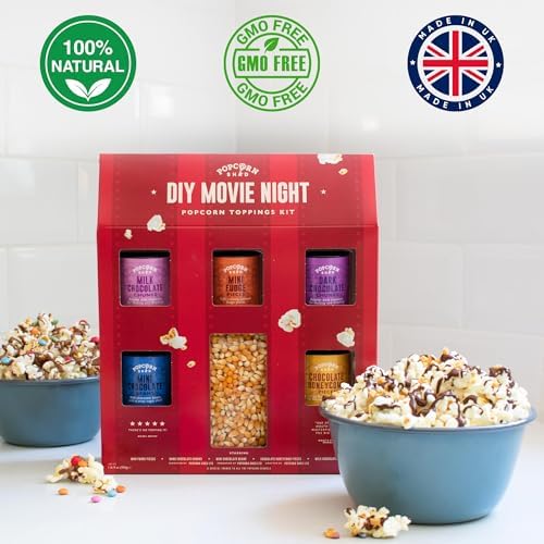 DIY Movie Night Popcorn Toppings Kit, Make Your Own Popcorn, Five Delicious Popcorn Toppings + 500g Popcorn Kernels, Fun for Kids, Adults and Date Night