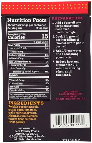 Siete Spicy Taco Seasoning Mix | Gluten Free | Vegan | Paleo | Preservative Free | Whole 30 Approved (1 Packet)