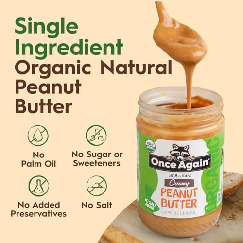 Once Again Organic Creamy Peanut Butter No Sugar Added - Single Ingredient, Unsalted, Natural Peanut Butter No Palm Oil - Glass Jar, Non-GMO, Gluten Free - Smooth and Unsweetened - 1 Jar (16 oz)