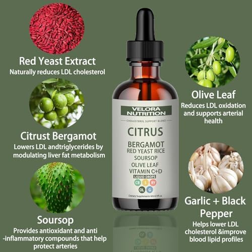 velora Red Yeast Rice Cholesterol Cleans Drops with Citrus, Bergamot, Red Yeast Rice, Soursop, Olive Leaf, Vitamin C+D, Natural, Non-GMO, Vegan 2 fl oz (1pc)
