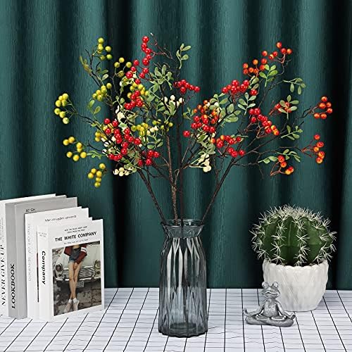 Firlar Artificial Red Berry Branch Long Stem Berry Picks, 4 PC 27.5 Inch Faux Holly Artificial Berry Branches Bouquet for Vase Wedding Christmas Decor