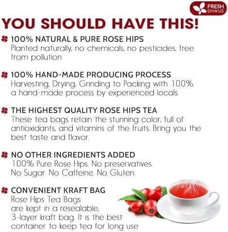 FreshDrinkUS, Premium 135 Rosehip Tea Bags, 100% Natural & Pure from Rose Hip Fruits. Loose Rosehip Herbal Tea. Made with Natural Material Tea Bags. No Sugar, No Caffeine, No Gluten, Vegan.