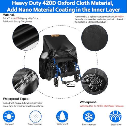 Electric Wheelchairs Cover Waterproof,420D Heavy Duty Wheelchair Cover with Air Vent,Waterproof Strip,Reflective Handle,Outdoor Protective Cover for Travel & Shower Power Wheelchair,Mobility Scooter