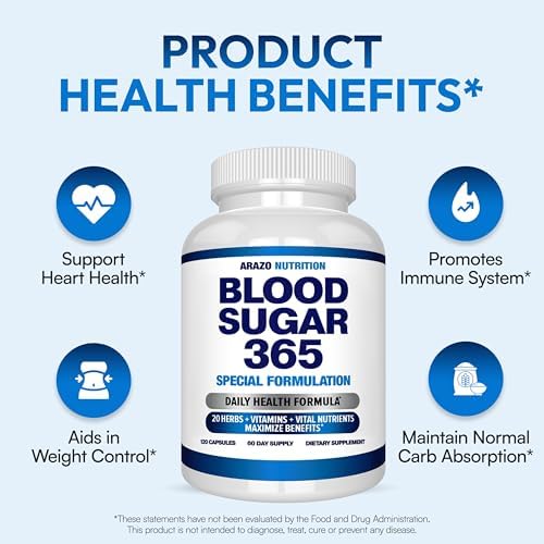 Arazo Nutrition Blood Sugar 365 Supplement – Supports Healthy Energy Levels - 120 Herbal Pills - 60 Day Supply