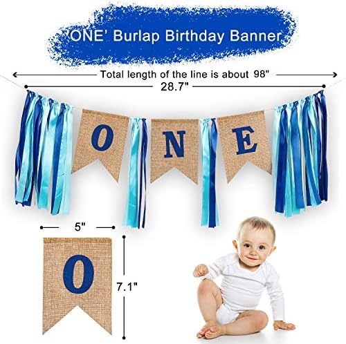 1st Birthday Boy Decorations with Burlap Highchair Banner, Cake Topper, Blue Hat Crown for Happy First Birthday Party Decoration Supplies