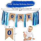 1st Birthday Boy Decorations with Burlap Highchair Banner, Cake Topper, Blue Hat Crown for Happy First Birthday Party Decoration Supplies