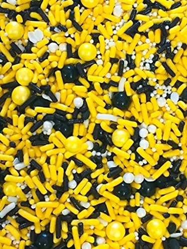 Elegant Yellow Black White Sprinkles Mix (4oz) - Edible Themed Classic Color Chic Jimmies Confetti Pearls Cake Cookie Cupcake Ice Cream Donut Candy Decoration Toppers