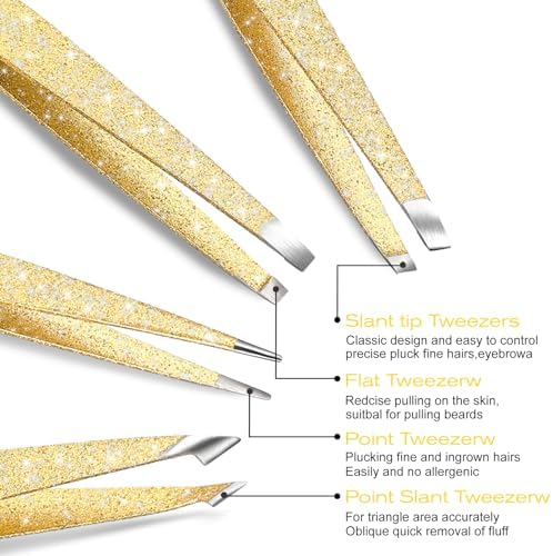 4-Pcs Glitter Stainless Steel Precision Tweezer Set for Eyebrows, Ingrown Hair & Lash Extensions (Gold)