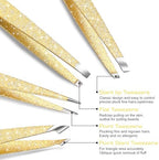 4-Pcs Glitter Stainless Steel Precision Tweezer Set for Eyebrows, Ingrown Hair & Lash Extensions (Gold)