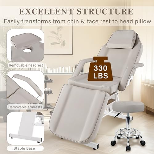 Facial Tattoo Chair, Esthetician Lash Bed Multi-use Tattoo Massage Table for Artist with Hydraulic Stool, 3-Section Beauty Barber Spa Equipment w/Removable Armrests & Headrest, Gray