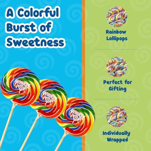 Whirly Pop Rainbow Swirl Lollipops - 1.5oz (Pack of 2) - 3" Individually Wrapped Lollipop Candy - Rainbow Mix Fruit Flavoured Hard Candy - Ideal Snack for Party Favors, Cake Topper & Goodie Bags