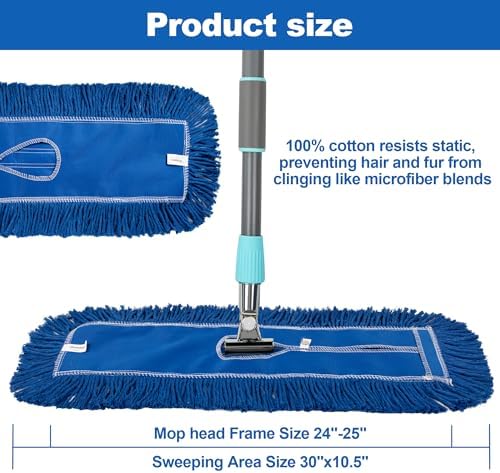 iDeaology 4 Pack - 24-Inch Washable Dust Mop Heads – Full Cloth, Extra Durable, Easy Button - No Clinging to Hair or Fur, Easy to Use Replacement for Commercial and Home Cleaning