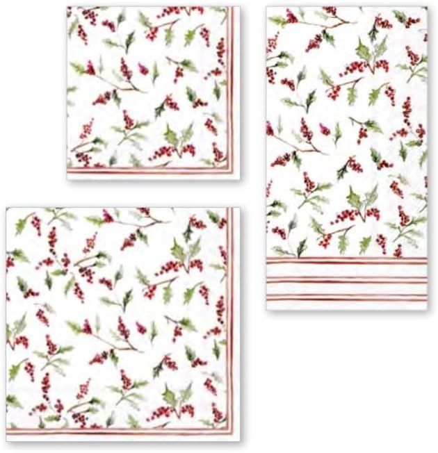 IHR Ideal Home Range Cocktail Napkins Disposable 3-Ply Paper Party Napkin Pack, 5" x 5", Christmas Ilex Berries, 20-Count