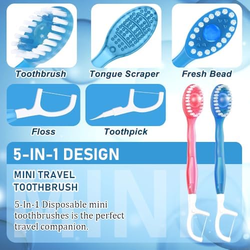 20 Pack 5-in-1 Disposable Toothbrushes with Toothpaste, Travel Toothbrush Set with Floss, Pick & Tongue Scraper, Individually Wrapped Mini Toothbrush for Adults, Work Camping - Mixed Flavor