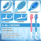 10 Pack 5-in-1 Disposable Toothbrushes with Toothpaste, Travel Toothbrush Set with Floss, Pick & Tongue Scraper, Individually Wrapped Mini Toothbrush for Adults, Work Camping - Mint Flavor