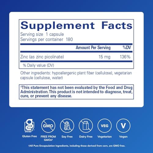 Pure Encapsulations Zinc 15 mg - Zinc Picolinate Supplement for Immune System Support, Growth & Development - for Wound Healing - 180 Capsules