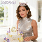 AMZVALU Corona Para Pastel, Crown Cake Topper, 3 Happy Birthday Cake Toppers, Balls Candles Butterflies Cake Decorations, Birthday Crown for Women Queen Princess (Rose Gold, Moonlight Purple)