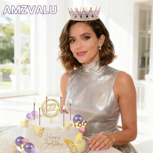AMZVALU Corona Para Pastel, Crown Cake Topper, 3 Happy Birthday Cake Toppers, Balls Candles Butterflies Cake Decorations, Birthday Crown for Women Queen Princess (Rose Gold, Moonlight Purple)