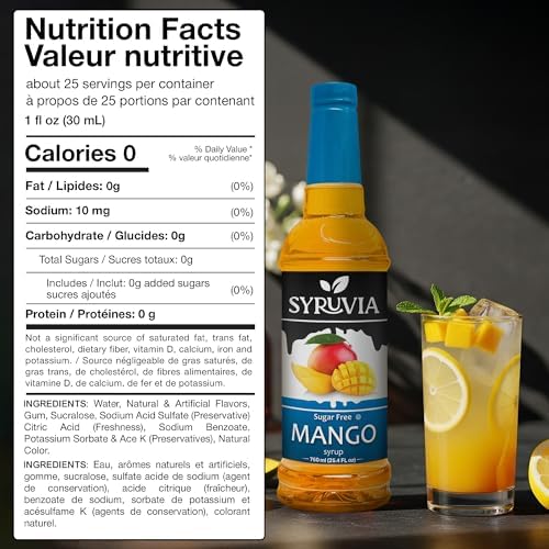 Syruvia Sugar-Free Mango Syrup, Flavored Syrup for Drinks, Cocktails, Lemonades, Iced Teas, and Desserts – 25.4 fl oz
