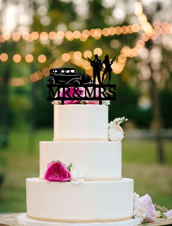 Vintage Gun Wedding Cake Topper - Bride and Groom Holding Machine Guns Stand by Classic Car - Mr & Mrs Cake Topper - Retro and Military-Themed Topper For Wedding/Anniversary/Bridal Shower