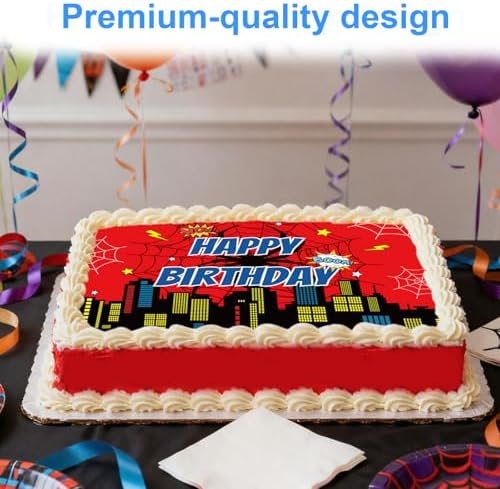 Edible Square Image Cake Toppers, 28x19.4cm/11x7.6in Spider Happy Birthday Cake Decoration Red Cartoon City Edible Wafer Paper Spider Web Cakes Decor for Kids Boys Girls Birthday Theme Party