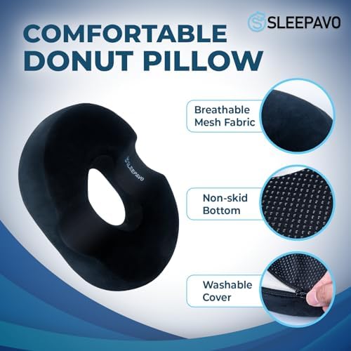 Sleepavo Butt Donut Pillow for Tailbone Pain Relief Cushion Medium - Hemorrhoid Pillows - Sitting Butt Pillow for Office Chair, Travel, Car, Coccyx, Sciatica, Postpartum Sitting Donut Seat Cushion