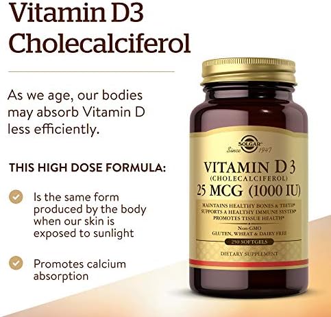 Solgar Vitamin D3 (Cholecalciferol) 25 MCG (1000 IU), 250 Softgels - Helps Maintain Healthy Bones & Teeth - Immune System Support - Non-GMO, Gluten-Free, Dairy Free - 250 Servings