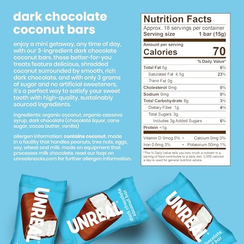 UNREAL Dark Chocolate Coconut Bars (Value Size Bag) | Vegan, 3g Sugar, & 3 Simple Ingredients | Non-GMO, Gluten Free, & Fair Trade | 9.5oz