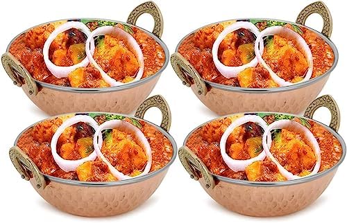 ® Set of 4, Indian Copper Serveware Karahi Vegetable Dinner Bowl with Solid Brass Handle for Indian Food, Diameter- 13 cm (5.2 Inches), Silver