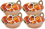 ® Set of 4, Indian Copper Serveware Karahi Vegetable Dinner Bowl with Solid Brass Handle for Indian Food, Diameter- 13 cm (5.2 Inches), Silver