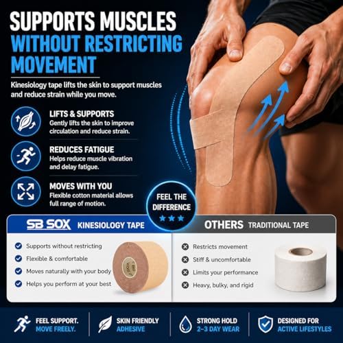 SB SOX Original Cotton Kinesiology Tape Roll – Best Latex Free Athletic Tape for Muscles/Joints – Waterproof, Stretchy, and Gentle on Skin (16ft)