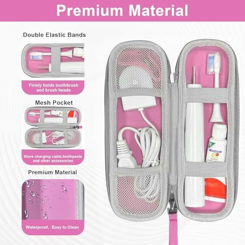 Travel Case for Oral-B/Oral-B Pro/Phlips Sonicare Electric Toothbrush with 2pcs Toothbrush Heads Cover Cap, Portable Hard Protective Storage Bag with Accessories Storage (Pink)