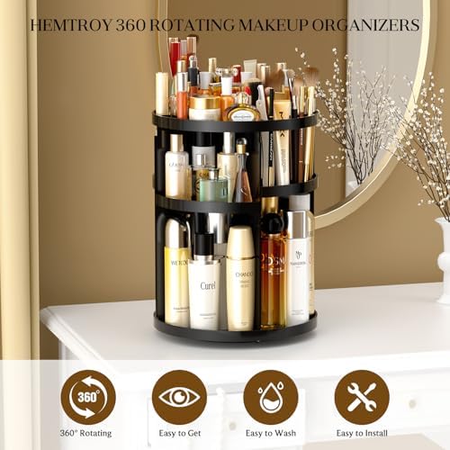 Makeup Organizer 360 rotating, Adjustable Skincare Organizers with Brush Holder, Cosmetics Display Cases for Vanity Bathroom Countertop Large Capacity Carousel Make up Caddy Shelf (Black)
