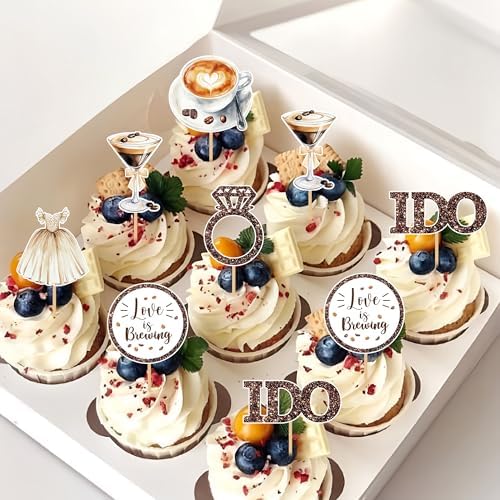 Love Is Brewing Cake Topper - 36 Pcs Bridal Shower Cupcake Topper Decorations With Romantic Elements Diamond Ring Dresss for Love Is Brewing Bridal Wedding Engagement Party Decoration Supplies