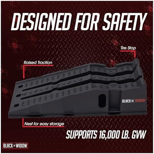Black Widow 13" W Stackable Plastic Car Service Ramps – 16,000 lb. GVW Capacity per Pair, Lightweight High-Impact Grid Design, 6.25” Lift Height, Built-in Handles