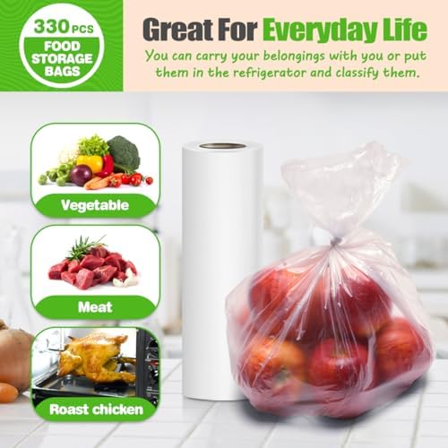 Teivio 330 Count 10" x 14" Plastic Produce Bags on A Roll, Clear Kitchen Disposable Plastic Storage Bags for Bread Fruit Vegetable