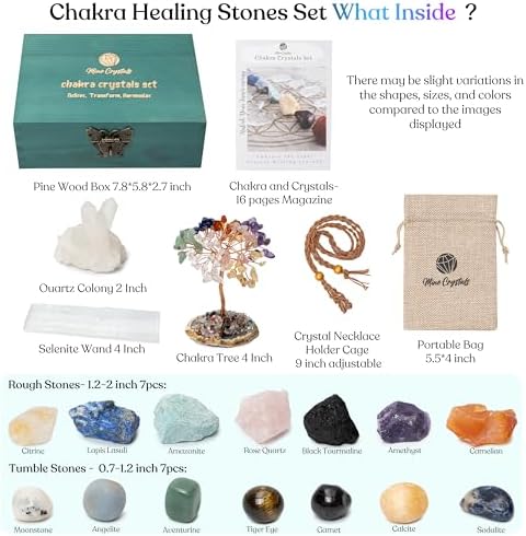 Crystal Stones Chakra Set Authentic Natural Raw Crystals Gemstones Kit Spiritual Gift - Quartz Colony Selenite Wand Rose Quartz Reiki Yoga Meditation