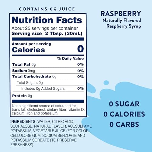 Jordan's Skinny Mixes Sugar Free Syrup, Raspberry Flavor, Fruit Flavored Water Enhancer, Drink Mix for Ice Tea, Lemonade & More, Zero Calorie Flavoring, Keto Friendly, 25.4 Fl Oz, 1 Pack