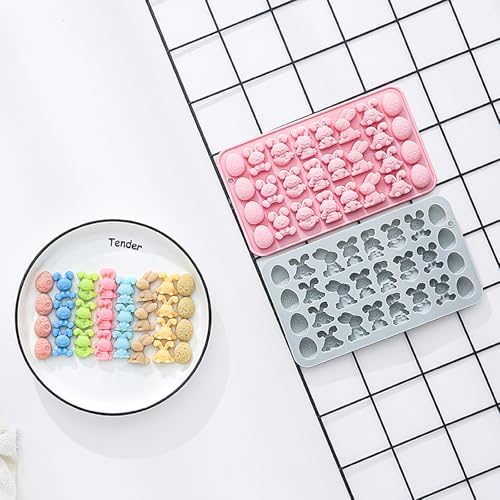 2 Pack Easter Silicone Molds, 27-Cavity Bunny Egg Chocolate Molds Shape Tray for Cake, Pudding, Jelly, Cupcake Decorations, Ice Cube, Biscuits and Cake Decorating, DIY Crafts