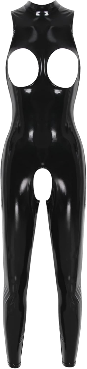 YiZYiF Womens Latex Jumpsuit Sleeveless Hollowing Out One Piece Outfits Bodycon Party Club Rompers