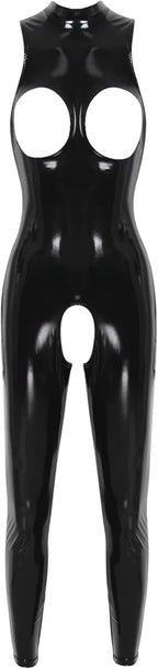 YiZYiF Womens Latex Jumpsuit Sleeveless Hollowing Out One Piece Outfits Bodycon Party Club Rompers