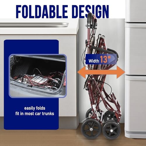 Foldable Shopping Cart with Seat, All-Terrain Wheels, 220 lbs Capacity, Comfortable Thickened Cushion, Easy to Fold and Store, FitS 59-72 Inches, 220lbs, Red