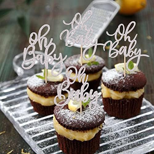 Rsstarxi 24 Pack Silver Glitter Oh Baby Cupcake Toppers Glitter Celebrating Baby Shower Cupcake Picks Baby Shower Cake Decorations for Boys Girls Birthday Party Supplies