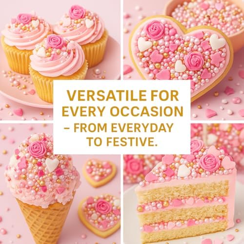 Confect Pink Mini Roses I Silver Hearts & Vermcelli and White Pearls | Anniversary Sprinkles | Sprinkles for Baking & Cake Decorative | Edible sprinkles - Vegan, Gluten-Free, Nut-Free, Soy-Free, Dairy-Free , Handcrafted Sprinkle 5 Oz